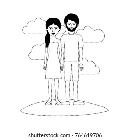 couple scene outdoor and her with strapless dress and heel shoes with pigtail hairstyle and him with t-shirt and short pants and shoes with short hair and beard in black dotted silhouette