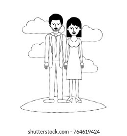 couple scene outdoor and him with suit and tie and pants and shoes with short hair and stubble beard and her with dress and heel shoes with mid length hair in black dotted silhouette