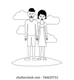 couple scene outdoor and him with t-shirt long sleeve and short pants and shoes with high fade haircut and stubble beard and her with blouse and jacket and skirt and heel shoes with short hair in