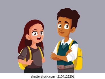 

Couple of School Students Smiling Vector Cartoon Illustration. Schoolgirl and schoolboy standing together bonding in friendship
