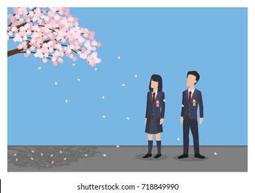 Couple in school uniform look at sakura petals fall from the tree. Graduation concept. Cartoon Vector.