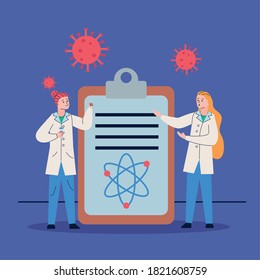 couple scientifics with checklist and covid19 particles research vaccine vector illustration design