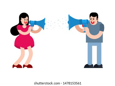 Couple screaming through megaphone.  Man and woman are arguing. guy and girl scream and swear. Quarrel vector illustration