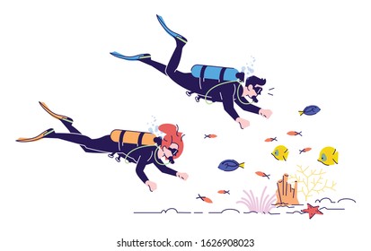 Couple of scuba divers flat doodle illustration. People observing reef fish. Undewater swimming. Water activity. Extreme sports. Indonesia tourism 2D cartoon character with outline for commercial use