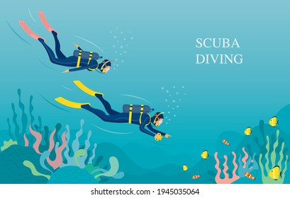 Couple Scuba Diving in Underwater Background, Travel, Summer Vacation and Activities 