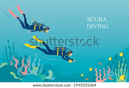 Couple Scuba Diving in Underwater Background, Travel, Summer Vacation and Activities 