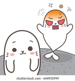 Couple Sea lions happy and angry emotion stand on the floor on white background