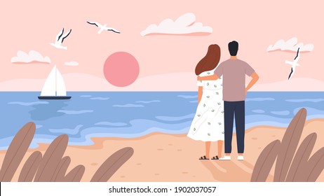 Couple at sea sunset. Man and woman on date at summer beach. Seascape with boat, gulls and tourists. Romantic wedding travel vector concept. Sea coast beach, love romantic together illustration