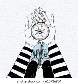 Couple searching concept. Girl with love compass. Cute hand drawn illustration. 