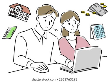 Couple searching for real estate purchase hand drawing illustration, vector