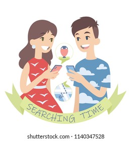 Couple searching for a route to museum or shop with vases. Vector illustration of european boy and girl looking at each other with smartphones in their hands on white background. Flat cartoon style.