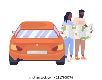 Couple searching route on map semi flat color vector characters. Full body people on white. Man and woman standing beside car simple cartoon style illustration for web graphic design and animation