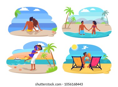 Couple seaside collection, summertime and people by seaside, couples in love kissing and cuddling, vector illustration isolated on white background