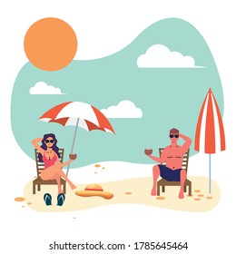 couple seated in beach chairs practicing social distance vector illustration design
