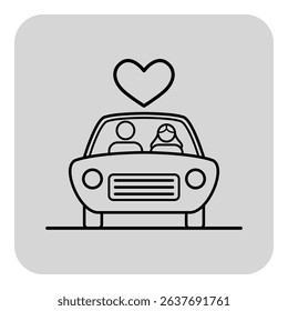 Couple seated inside car with heart symbol above them, conveying sense of love and connection. Joy of shared experiences while driving concept