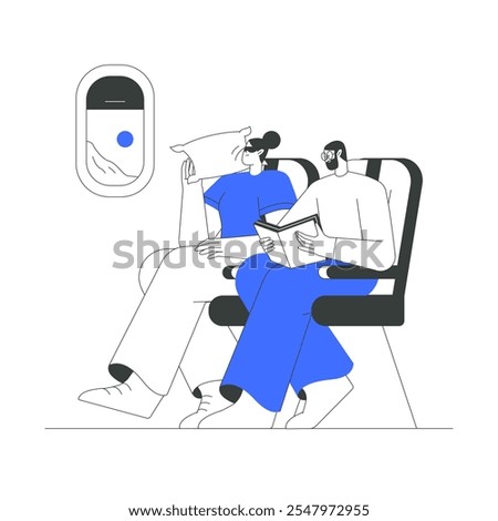  Couple Seated On Airplane With One Reading And Another Resting In Flat Vector Illustration Symbolizing Air Travel, Relaxation, And Comfort, Isolated On White Background.
