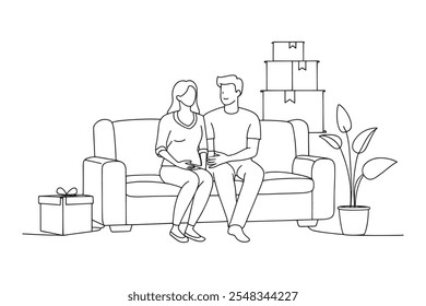 Couple seated on a couch, with boxes scattered around them in a cozy living room isolated continuous line art flat vector illustration on white background.