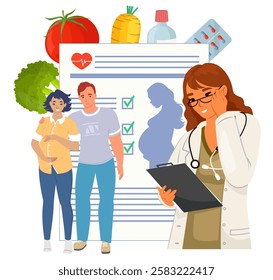 A couple seeks guidance from a healthcare provider regarding pregnancy treatment and nutrition. They discuss various healthy food choices such as vegetables and fruits