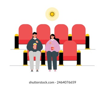 A couple sees a film in a city theater building, vector illustration.