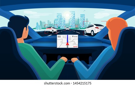 Couple In Self-driving Autonomous Smart Driverless Electric Car On Highway To City. Man And Woman Inside Car Interior On Road Trip In Traffic Jam On Autopilot. Dashboard Display No Hands On Steering.