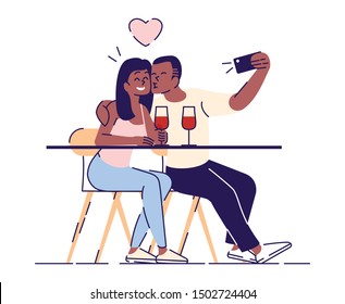 Couple selfie flat vector illustration. Guy kisses smiling girl for self photo on phone camera. Man and woman in love making portrait on dating. isolated cartoon character on white background
