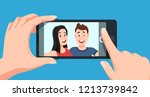 Couple selfie. Romantic self portrait, young friends taking selfie photo at smartphone. Smiling people using tablet, mobile phone photography cartoon vector illustration