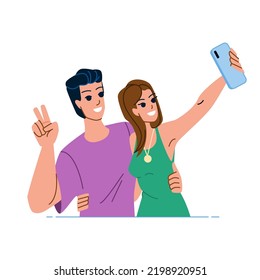 couple selfie vector. happy man, young woman, love fun, lifestyle summer, portrait girl, travel vacation couple selfie character. people flat cartoon illustration