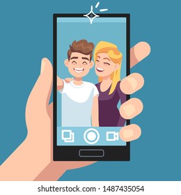 Couple selfie. Young friends make romantic selfie portrait with smartphone, man with woman take photo on camera vector isolated symbol of happy social lovely mobile photographs concept