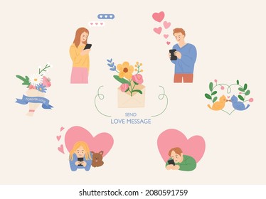 Couple sending each other mobile text messages. There is a flower logo around it. flat design style vector illustration.