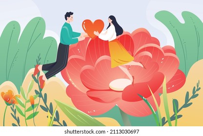 A couple sending hearts to each other on flowers, vector illustration