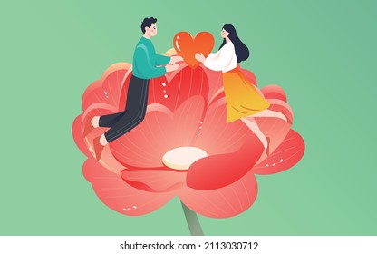 A couple sending hearts to each other on flowers, vector illustration