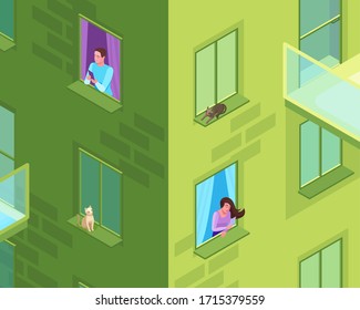 Couple sending message to each other from the window of residential house, man and woman communicating by smartphone, long distance relationship concept, 3d isometric illustration