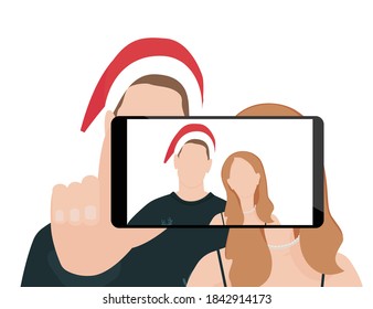 The couple sends greetings with selfie photos. Christmas card concept. Vector illustration