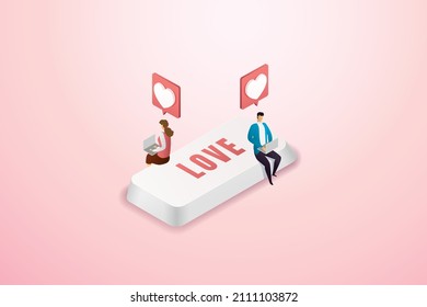 Couple sends a heart-shaped message through a laptop computer. online dating valentines day on pink background. isometric vector illustration