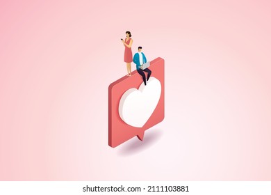 Couple sends a heart-shaped message through a laptop computer and smartphone. online dating valentines day on pink background. isometric vector illustration