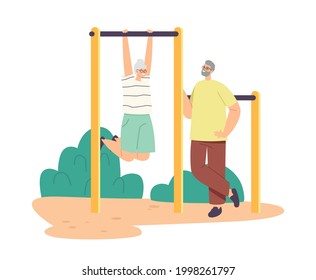 Couple of Senior Characters Exercising on Horizontal Bar Together, Pensioners Doing Exercises, Outdoor Activity and Sport, Old People Have Fun, Fitness Healthy Lifestyle. Cartoon Vector Illustration