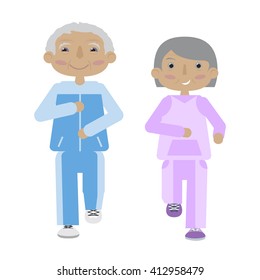 Couple of senior citizens in sport clothing. Flat cartoon vector. Elderly men and woman exercising. Grandparents run.