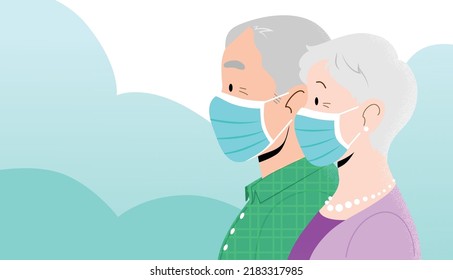 Couple of senior man and senior woman profile close-up flat vector illustration, wearing protective blue surgical masks. Characters isolated. Masks can be removed. Protection against coronavirus.