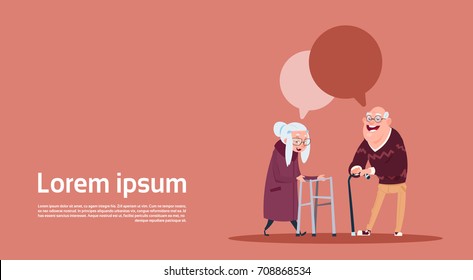 Couple Senior People With Chat Bubble With Stick Modern Grandfather And Grandmother Full Length Flat Vector Illustration