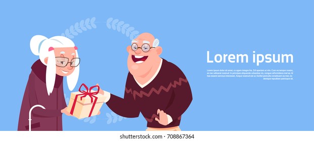 Couple Senior People Giving Presents Modern Grandfather And Grandmother Holiday Flat Vector Illustration