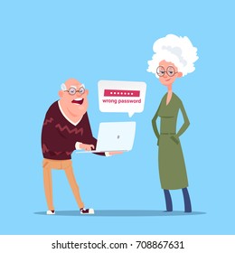 Couple Senior People Using Laptop Computer Modern Grandfather And Grandmother Full Length Flat Vector Illustration