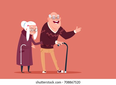 Couple Senior People Walking With Stick Modern Grandfather And Grandmother Full Length Flat Vector Illustration