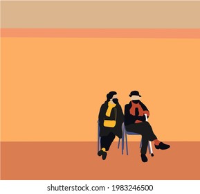 Couple of senior travelers wearing face mask sitting on chair at clinic or vaccination center. Copy space