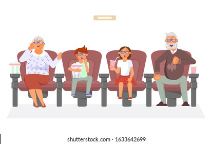 Couple of seniors with grandchildren in 3d glasses sitting in cinema and watch movie. Characters with popcorn and soda. Flat Art Vector Illustration