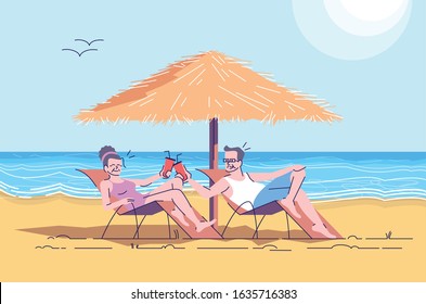 Couple of seniors on beach flat doodle illustration. Pensioners on loungers having drinks at seaside. Summer vacation. Indonesia tourism 2D cartoon character with outline for commercial use