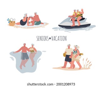 A Couple Of Seniors On Vacation,swimming,picnic On The Beach,riding Water Scooter,walking On The Beach,holding Hands,love In Age.Active Seniors.Vector Flat Illustration.