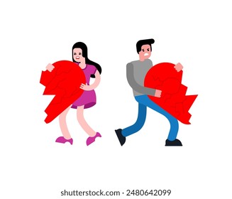 Couple separates with half heart. Broken love. Concept of divorce and separation of lovers.