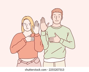 Couple serious stop Gesture refuse no With Crossed x Hands on heart simple korean style illustration