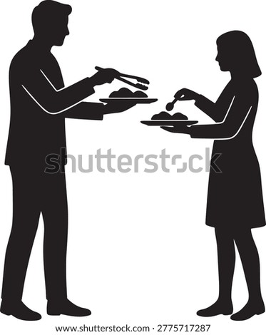 Couple serving food, sharing platter, man and woman, presenting dishes, dinner gathering, communal dining, relationship symbol, food sharing, simple graphic, black and white vector.