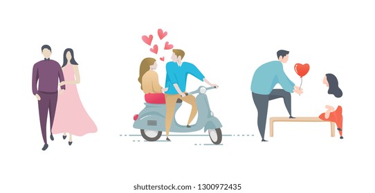 Couple set design vector illustration with cute cartoon colorful isolated on white background. Collections of romantic moment in love for wedding and Valentine's day theme.